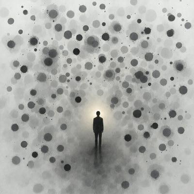 The primary subject of the image is a man standing in a dark, cloudy environment. He is surrounded by a large number of dots, which create a visually striking and somewhat eerie atmosphere. The setting appears to be a black and white drawing or illustration, with the man being the focal point. The visual style gives the image a somewhat surreal and mysterious feel.